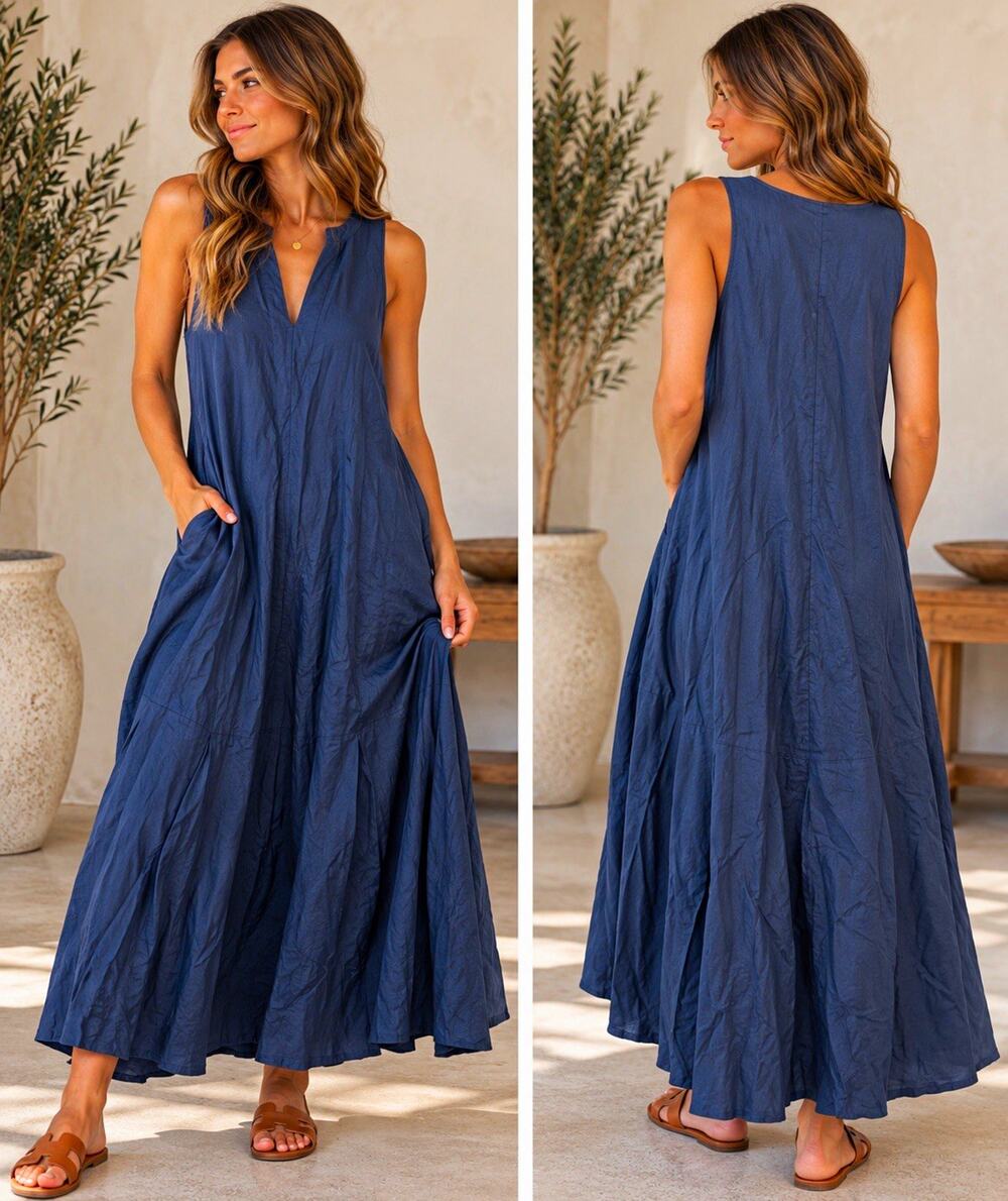 Hendrik Willem Blue Solid V-Neck Sleeveless Maxi Dress with Pockets Women’s M